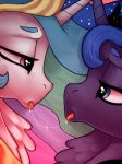  absurd_res after_kiss bodily_fluids crown duo empressbridle equid female female/female friendship_is_magic hair half-closed_eyes hi_res mammal multicolored_hair my_little_pony narrowed_eyes princess_celestia_(mlp) princess_luna_(mlp) royalty saliva saliva_string sibling sister sisters 