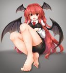  1girl :d bangs bare_legs barefoot black_skirt black_vest blush breasts commentary_request cum cum_on_body cum_on_lower_body demon_wings eyebrows_visible_through_hair grey_background hair_between_eyes hair_intakes head_wings highres juliet_sleeves knees_up koakuma large_breasts long_hair long_sleeves looking_at_viewer m9kndi miniskirt open_mouth pencil_skirt puffy_sleeves red_eyes red_hair shadow shirt sitting skirt smile solo thighs touhou very_long_hair vest white_shirt wings 
