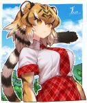  1girl absurdres animal_ear_fluff animal_ears animal_print bangs black_hair blonde_hair blue_sky breasts cloud day elbow_gloves expressionless extra_ears eyebrows_visible_through_hair gloves hair_between_eyes highres kemono_friends large_breasts looking_away medium_hair multicolored_hair necktie notora outdoors outline plaid plaid_neckwear plaid_skirt plaid_trim plant print_gloves shirt short_sleeves skirt sky solo striped_tail tail tiger_(kemono_friends) tiger_ears tiger_girl tiger_print tiger_tail white_hair white_outline white_shirt wing_collar yellow_eyes 
