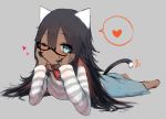  1girl animal_ears black_hair blue_eyes cat_ears cat_tail chito_(natsume-same) collar commentary_request dark_skin eyebrows_visible_through_hair full_body glasses grey_background hair_between_eyes head_rest heart highres long_hair looking_at_viewer lying natsume-same on_stomach one_eye_closed original partial_commentary red_collar sidelocks simple_background slit_pupils solo speech_bubble spoken_heart tail tail_wagging 