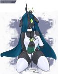  anthro arthropod big_breasts breasts changeling cleavage clothed clothing collar female friendship_is_magic holding_breast kneeling leash lingerie longtailshort my_little_pony panties queen_chrysalis_(mlp) solo text underwear url 