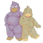 1:1 2013 anthro avian balls belly duo genitals kemono male moobs navel nipples overweight overweight_male penis purple_body ruco simple_background white_background young 