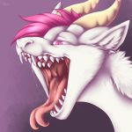  1:1 2016 bodily_fluids corriezodori digital_media_(artwork) dragon fangs feral forked_tongue fur furred_dragon gaping_mouth hair headshot_portrait hi_res horn inner_ear_fluff male mouth_shot nylla open_mouth pink_eyes pink_hair pink_tongue portrait purple_background saliva saliva_string short_hair signature simple_background solo tan_horn teeth tongue tongue_out tuft white_body white_fur 