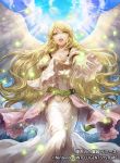  blonde_hair blue_sky cloud company_name copyright_name dress feathered_wings fire_emblem fire_emblem:_path_of_radiance fire_emblem_cipher green_eyes leanne_(fire_emblem) long_hair long_sleeves official_art open_mouth sky uroko_(mnr) white_wings wings 