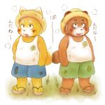  1:1 2009 anthro blush bottomwear brown_body brown_fur canid canine clothed clothing duo footwear fox fur hat headgear headwear japanese_text kemono male mammal raccoon_dog ruco sandals shirt shorts slightly_chubby straw_hat tanuki text topwear young 