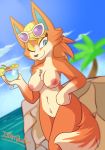  2020 animal_crossing anthro areola audie_(animal_crossing) beverage blonde_hair blue_eyes breasts canid canine canis cloud digital_media_(artwork) eyewear eyewear_on_head female genitals hair hi_res holding_object ikaribunbun looking_at_viewer mammal navel nintendo nipples nude one_eye_closed outside palm_tree pussy sky smile solo sunglasses sunglasses_on_head tree video_games wink wolf 