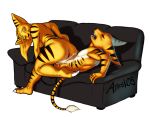  alpha_channel angela_cross anthro anus athosvds blue_eyes bodily_fluids brown_markings cum cum_inside duo eyes_closed female fur furniture genital_fluids hand_holding male male/female markings ratchet ratchet_and_clank sofa tail_tuft tuft video_games yellow_body yellow_fur 