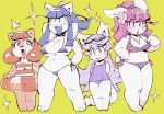  2016 alternate_color anthro big_breasts bikini blep blush bottomwear breasts canid canine canis choker clothing cute_fangs domestic_cat domestic_dog fangs felid feline felis female fur group hair hands_behind_head jewelry lagomorph larger_female leporid long_hair mammal multicolored_body multicolored_fur necklace open_mouth paws rabbit rosy_cheeks scut_tail short_hair shorts simple_background size_difference small_breasts smaller_female sparkles swim_ring swimming_goggles swimwear thick_thighs tongue tongue_out topwear two_tone_body two_tone_fur whiskers white_body white_fur yellow_background ziroro326 