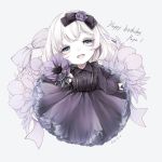  1girl bangs black_bow black_dress black_eyes bow dated dress eyebrows_visible_through_hair flower hair_bow hair_flower hair_ornament happy_birthday highres looking_at_viewer original pale_skin shiro_yurine short_hair solo white_background white_hair 