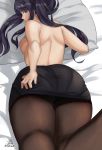  1girl artist_name ass bare_back bare_shoulders bed bl/ess breasts commentary from_behind highres jill_stingray looking_at_viewer looking_back nipples pantyhose pantylines pillow red_eyes signature skirt solo thick_thighs thighs va-11_hall-a 