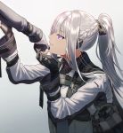  1girl ak-12_(girls_frontline) black_gloves braid french_braid from_side girls_frontline gloves gradient gradient_background grey_background grin hair_ribbon high_ponytail holding_another&#039;s_arm long_hair long_sleeves out_of_frame parted_lips partly_fingerless_gloves purple_eyes ribbon sidelocks silence_girl silver_hair smile tactical_clothes 