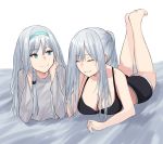  2girls ak-12_(girls_frontline) an-94_(girls_frontline) bangs blue_eyes bodysuit breasts cleavage closed_eyes collarbone girls_frontline hairband highres long_hair looking_at_another lying medium_breasts multiple_girls silver_hair smile talnory white_background 