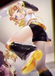  1boy 1girl anger_vein angry annoyed ass blonde_hair blue_eyes blurry bow breasts brother_and_sister ceiling clenched_hands crop_top depth_of_field detached_sleeves dutch_angle feet from_below hair_bow hair_ornament hairclip hands_on_hips headset kagamine_len kagamine_rin leg_warmers necktie number_tattoo perspective sailor_collar sawashi_(ur-sawasi) shirt shorts shoulder_tattoo siblings sleeveless sleeveless_shirt small_breasts tattoo twins v-shaped_eyebrows vocaloid yellow_nails yellow_neckwear 