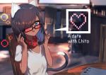  1girl animal_ears black_hair blue_eyes blush book breasts cafe cat_ears cat_tail chair chito_(natsume-same) collar commentary_request cup dark_skin english_text eyebrows_behind_hair fang glasses hair_between_eyes hair_over_one_eye hands_up heart highres indoors long_hair looking_at_viewer medium_breasts medium_hair natsume-same open_mouth original red_collar shirt short_sleeves sidelocks sitting smile solo table tail 