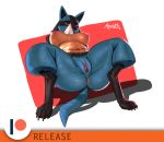 anthro anus athosvds blue_body blue_fur breasts chest_spike female fur genitals looking_at_viewer lucario nintendo patreon pok&eacute;mon pok&eacute;mon_(species) pussy red_eyes serious_face solo spikes spread_legs spreading text video_games 