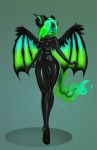  anthro black_eyes breasts bulge canid canid_demon demon dutchsyndicalist female green_body green_hair green_skin hair hellhound herm herm/female hi_res horn intersex intersex/female looking_at_viewer mammal multicolored_body rubber simple_background solo standing veridia wings 