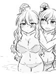  2girls alternate_costume bangs bikini blush braid breasts cleavage closed_mouth collarbone commentary eyebrows_visible_through_hair fingernails greyscale hair_between_eyes hair_ribbon half-closed_eyes hat highres kantai_collection long_hair midriff mini_hat monochrome multiple_girls navel partially_submerged pola_(kantai_collection) poyo_(hellmayuge) ribbon sarong side_braid sweat swimsuit thick_eyebrows tilted_headwear water wavy_hair zara_(kantai_collection) 