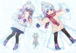  1other 2girls alternate_costume bangs blue_hair blue_skirt blush boots carnelian cat eyebrows_visible_through_hair gradient_hair hair_between_eyes hair_ornament hairclip kantai_collection long_hair looking_at_viewer lying mittens multicolored_hair multiple_girls on_back open_mouth pantyhose pleated_skirt purple_eyes purple_hair red_eyes red_hair sado_(kantai_collection) sidelocks skirt snow star star_hair_ornament sweater tsushima_(kantai_collection) woollen_cap 