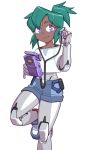  1girl cameron_sewell commission cyborg dark_skin earbuds earphones green_hair highres looking_at_viewer original ponytail purple_eyes robot_joints shirt short_ponytail shorts smile solo t-shirt white_background 