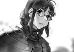  1girl ahoge akizuki_ritsuko armor braid chainmail eyebrows_visible_through_hair glasses idolmaster idolmaster_cinderella_girls knight monochrome pirata_(gailtonatiu) plate_armor shoulder_armor solo 