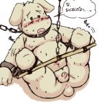  1:1 2012 anthro anus balls belly blush bodily_fluids butt canid canine canis chained domestic_dog genitals humanoid_hands japanese_text kemono male mammal moobs navel nipples penis ruco slightly_chubby solo sweat text young 