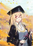  1girl bangs blonde_hair blush cloak constellation_(warship_girls_r) echj glasses hat highres long_hair looking_at_viewer open_mouth red_eyes shirt smile solo tagme warship_girls_r white_shirt 