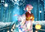  1girl alternate_costume ark_royal_(kantai_collection) bamboo bamboo_forest blue_eyes blush bob_cut carnelian eyebrows_visible_through_hair floral_print flower forest hair_flower hair_ornament hairband holding_lantern japanese_clothes kantai_collection kimono lantern long_sleeves looking_at_viewer looking_back nature obi outstretched_arms red_hair sash short_hair smile snow solo wide_sleeves 