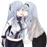  2girls ak-12_(girls_frontline) an-94_(girls_frontline) blue_eyes blush bow girls_frontline grey_shirt hair_bow hair_ornament hairband highres kiss long_hair looking_at_another looking_away military military_uniform multiple_girls open_mouth purple_eyes shirt silver_hair talnory uniform white_background yuri 