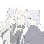  3girls absurdres ak-12_(girls_frontline) ak-15_(girls_frontline) an-94_(girls_frontline) animal_ear_fluff animal_ears bangs bare_shoulders blush breasts closed_eyes closed_mouth girl_sandwich girls_frontline gloves hair_between_eyes hair_over_one_eye highres large_breasts long_hair long_sleeves multiple_girls one_eye_closed open_mouth photo-referenced physisyoon sandwiched silver_hair simple_background upper_body white_background wolf_ears 