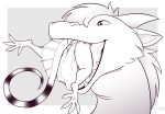  2016 4_toes ambiguous_gender anthro barefoot biped bodily_fluids border cheek_tuft claws digital_media_(artwork) dragon duo durg_(artist) facial_tuft fangs feral forked_tongue fur furred_dragon grey_background greyscale hair head_first hi_res horn lizard male monochrome neck_bulge nylla oral_vore outside_border reptile ringtail saliva scalie simple_background size_difference teeth toe_claws toes tongue tuft vore white_border 