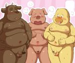  2018 anthro avian balls belly blush bodily_fluids bovid bovine brown_body brown_fur cattle domestic_pig erection fur genitals group humanoid_genitalia humanoid_hands humanoid_penis kemono male male/male mammal moobs navel nipples overweight overweight_male penis pink_body ruco suid suina sus_(pig) sweat yellow_body young 