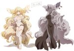  2girls animal_ears bare_shoulders blonde_hair breasts carbuncle_(granblue_fantasy) cleavage commentary_request dark_skin drill_hair earrings granblue_fantasy highres horn humanization jewelry large_breasts long_hair looking_at_viewer multiple_girls nanana_2s pelvic_curtain simple_background tail thighhighs translation_request very_long_hair white_background white_legwear yellow_eyes 