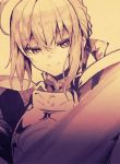  1girl amamitsu_kousuke armor artoria_pendragon_(all) bangs braid closed_mouth fate_(series) french_braid greyscale half-closed_eyes highres ink_(medium) long_hair looking_at_viewer monochrome photo saber smile solo traditional_media 