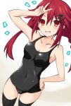  1girl bare_shoulders black_legwear black_swimsuit braid breasts cleavage covered_navel hair_ornament hairclip hand_on_hip iwasi-r long_hair looking_at_viewer medium_breasts neptune_(series) one-piece_swimsuit open_mouth red_eyes red_hair shin_jigen_game_neptune_vii smile solo swimsuit tennouboshi_uzume thighhighs twin_braids twintails v 