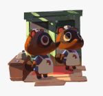  2020 animal_crossing anthro apron belly brown_body brown_fur canid canine clothing duo fur hat headgear headwear hi_res jamesghio mammal nintendo raccoon_dog shirt slightly_chubby tanuki timmy_nook tommy_nook topwear video_games 