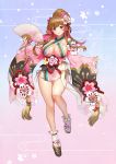  1girl absurdres bare_legs breasts brown_hair cherry_blossom_print cherry_blossoms cleavage detached_sleeves fan floral_print flower geta hair_flower hair_ornament highres japanese_clothes kimono large_breasts original pink_eyes ponytail solo y.i._(lave2217) 