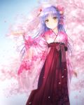  1girl angel_beats! cherry_blossoms commentary_request floral_print flower goto_p hair_flower hair_ornament hakama japanese_clothes kimono long_hair parted_lips petals pink_kimono qr_code red_hakama silver_hair solo standing tenshi_(angel_beats!) tree yellow_eyes 