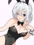  1girl :d absurdres animal_ears bare_shoulders black_legwear blue_eyes blush bow bowtie breasts bunny_ears bunny_girl bunnysuit cleavage detached_collar fake_animal_ears hair_ornament hair_over_one_eye hairclip hamakaze_(kantai_collection) hand_on_own_chest harukawa_(hal501) highres kantai_collection large_breasts looking_at_viewer open_mouth short_hair silver_hair simple_background smile solo white_background wrist_cuffs 