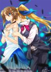  age_difference alternate_costume blonde_hair blue_eyes blue_ribbon blush breasts brown_hair collarbone collared_shirt couple dress hair_ribbon kiss long_hair looking_at_another lyrical_nanoha mahou_shoujo_lyrical_nanoha mahou_shoujo_lyrical_nanoha_strikers mahou_shoujo_lyrical_nanoha_vivid multiple_girls neck neck_kiss neck_ribbon pants ribbon san-pon shirt short_hair side_ponytail simple_background vest vivio yagami_hayate yuri 