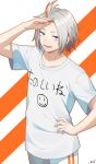  1boy absurdres arm_up bangs brown_hair clothes_writing commentary_request copyright_request diagonal_stripes forehead grey_eyes grey_hair hand_on_hip highres looking_at_viewer male_focus multicolored_hair pants parted_bangs parted_lips sakura_chiyo_(konachi000) shirt short_sleeves signature smile solo streaked_hair striped striped_background t-shirt translation_request virtual_youtuber white_pants white_shirt 