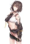  1girl ;) absurdres ahoge arm_tattoo azur_lane baltimore_(azur_lane) baltimore_(black_ace)_(azur_lane) bangs bare_shoulders black_choker black_shorts braid breasts brown_hair brown_jacket chest_tattoo choker collarbone commentary cowboy_shot english_commentary eyebrows_visible_through_hair flower_tattoo french_braid grin hair_between_eyes hand_up highres huge_filesize index_finger_raised jacket large_breasts long_sleeves looking_at_viewer midriff mixed-language_commentary navel off-shoulder_jacket one_eye_closed panties panty_pull partially_unzipped red_panties short_hair short_shorts shorts shorts_pull shoulder_tattoo sidelocks signature simple_background sleeves_past_wrists smile solo sports_bra standing stomach_tattoo tattoo underwear white_background white_sports_bra xevxt yellow_eyes 