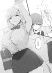  1boy 1girl arm_up bag blush bow bowtie breast_pocket breasts commentary dress_shirt greyscale hair_ornament hairclip highres huge_breasts monochrome original parted_lips pleated_skirt pocket school_uniform shirt short_hair short_sleeves skirt sky_(freedom) smile tented_shirt translated 
