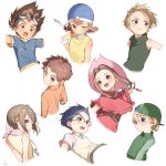  3girls 5boys blonde_hair blue_eyes blue_hair blue_helmet brown_hair check_character collared_shirt cropped_arms cropped_torso digimon digimon_adventure from_behind glasses green_headwear hat helmet highres ishida_yamato izumi_koushirou kido_jou long_hair long_sleeves multiple_boys multiple_girls one_eye_closed pink_headwear profile red_eyes ryota_(ry_o_ta) shirt short_hair short_sleeves signature sleeveless tachikawa_mimi takaishi_takeru takenouchi_sora vest wind yagami_hikari yagami_taichi 