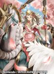  1girl blue_sky brown_eyes brown_hair cherry_blossoms closed_mouth company_name copyright_name feathered_wings fire_emblem fire_emblem_cipher fire_emblem_fates gloves hana_(fire_emblem) holding long_hair official_art pegasus pegasus_knight petals pink_gloves polearm riding sky smile solo tenshu_(mighto) weapon white_wings wings 