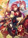  1girl armpits arrow bow_(weapon) breasts brown_gloves cleavage closed_mouth company_name copyright_name dual_persona fire_emblem fire_emblem_awakening fire_emblem_cipher fire_emblem_fates gloves hair_ribbon holding holding_bow_(weapon) holding_weapon horse horseback_riding long_hair matsurika_youko official_art open_mouth red_hair ribbon riding selena_(fire_emblem_fates) severa_(fire_emblem) smile sword twintails weapon 