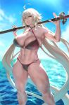  1girl ahoge blue_sky breasts choker eu03 fate/grand_order fate_(series) flame_print holding holding_weapon jeanne_d&#039;arc_(alter_swimsuit_berserker) jeanne_d&#039;arc_(fate)_(all) large_breasts long_hair looking_at_viewer o-ring o-ring_bikini o-ring_bottom ocean platinum_blonde_hair sky sword weapon yellow_eyes 