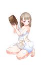  1girl barefoot blush bucket full_body highres holding holding_bucket light_brown_hair looking_at_viewer naked_towel official_art parted_lips pouring_onto_self purple_eyes shirohime_quest soap_bubbles solo squatting towel transparent_background wet 