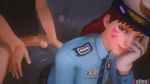  1boy 1girl animated belt buttjob d.va_(overwatch) dry_humping gloves hands_on_ass hat head_on_hand humping lowres lying makeup necktie officer_d.va on_stomach overwatch pants police police_hat police_uniform prone_bone smug uniform 
