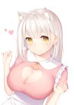  1girl animal_ear_fluff animal_ears apron bangs breasts cat_ears cleavage closed_mouth collared_shirt eyebrows_behind_hair frilled_apron frills grey_hair hands_up heart highres karin_(fineyanny) large_breasts long_hair original pink_shirt puffy_short_sleeves puffy_sleeves shirt short_sleeves simple_background smile solo white_apron white_background yellow_eyes yellow_neckwear 