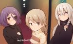  3girls ahoge bangs black_shirt black_sweater blurry blurry_background braid breasts brown_eyes brown_hair brown_sweater closed_mouth crossed_arms depth_of_field eyebrows_visible_through_hair eyepatch grey_eyes grey_hair group_name hair_between_eyes hayasaka_mirei hoshi_shouko idolmaster idolmaster_cinderella_girls individuals long_hair long_sleeves morikubo_nono multiple_girls purple_eyes ribbed_sweater ringlets shirt small_breasts smile sweater turtleneck turtleneck_sweater upper_body ushi very_long_hair 